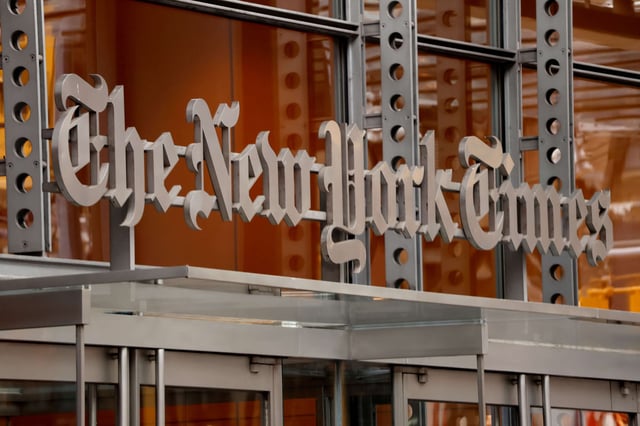 The corporate logo for the New York Times is displayed on the front of their building on 8th Avenue on December 30, 2023, in New York City.