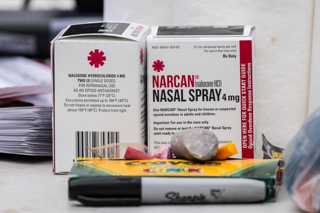 Narcan nasal spray containers available at a rally at the First Street U.S. Courthouse in Los Angeles on April 22, 2024. Photo by Ted Soqui for CalMatters