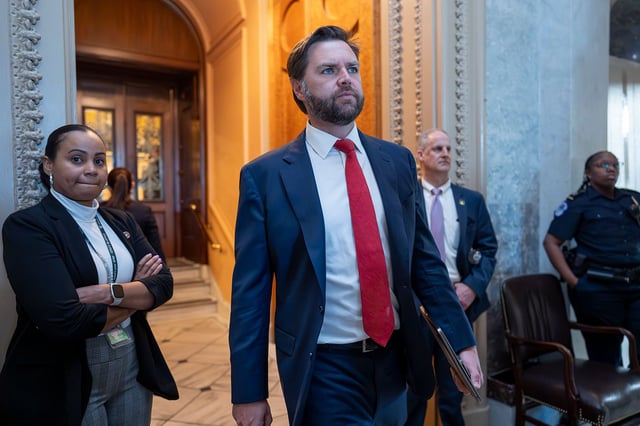 Sen. J.D. Vance, R-Ohio, arrives at the Capitol in Washington, on April 23, 2024. Sen. Vance has said he is against the aid package.