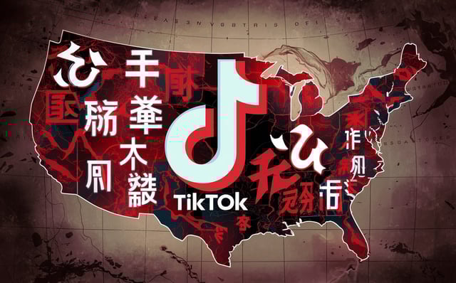 A map of the USA with a large TikTok logo over it. Chinese symbols emerge from the logo and spread across the map. Sinister in tone, 3d render, poster