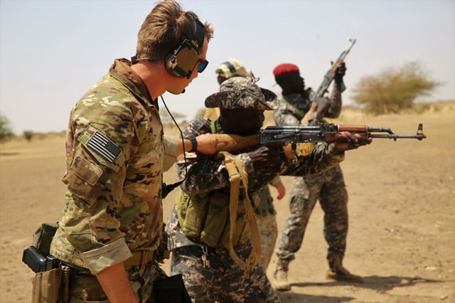 In this handout photo from the US military, US military members provide Chadian Special Forces with marksmanship training in Massaguet, Chad, in 2017.