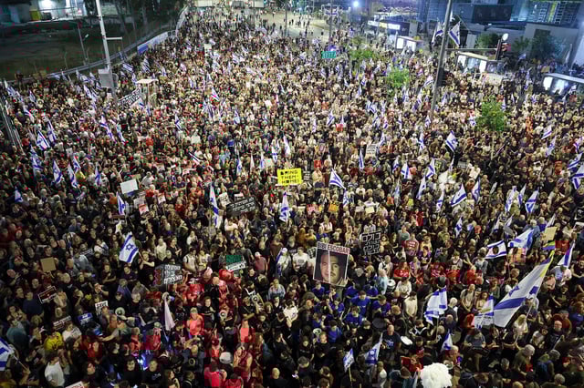 Relatives and supporters of Israeli hostages protest in Tel Aviv, Israel, April 27, 2024.