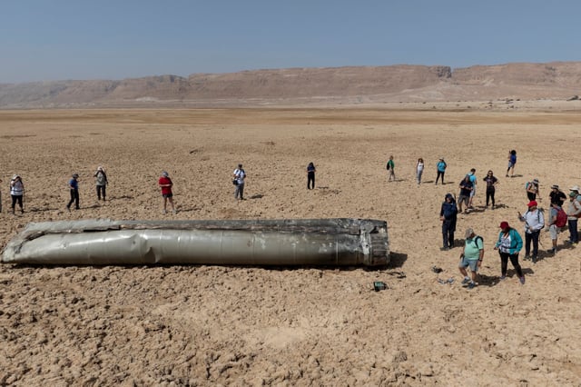 A component from an intercepted ballistic missile that fell near the Dead Sea in Israel during an Iranian attack in April. Photo. Photo: AP