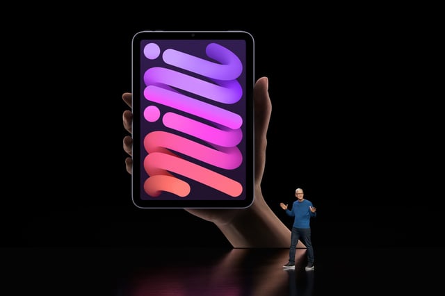 CUPERTINO, CALIFORNIA - September 14, 2021: Apple CEO Tim Cook unveils the new iPad mini during a special event at Apple Park. (Photo by Brooks Kraft/Apple Inc.)