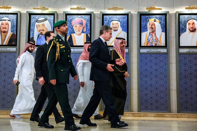 Secretary of State Antony Blinken walks with Saudi Arabian Foreign Minister Prince Faisal bin Farhan bin Abdullah to a Joint Ministerial Meeting of the GCC-U.S. Strategic Partnership to discuss the humanitarian crises faced in Gaza, on April 29, 204 in Riyadh, Saudi Arabia.