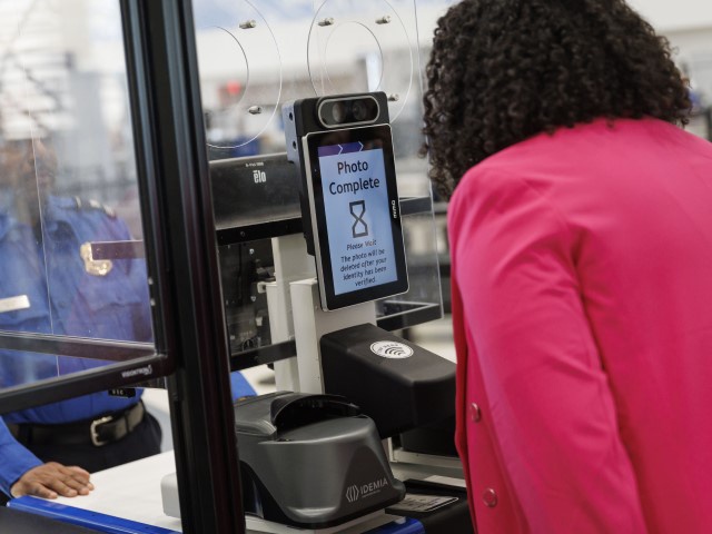 A Credential Authentication Technology (CAT-2) identity verification machine is demonstrated to a member of the media at a Transportation Security Administration (TSA) security checkpoint at Baltimore-Washington Airport (BWI) in Baltimore, Maryland, on Wednesday, April 26, 2023. The TSA is conducting biometric operational assessments at 16 domestic airports to study the potential for enhancement in identity verification and improved checkpoint efficiency, according to the agency. (Ting Shen/Bloomberg via Getty)