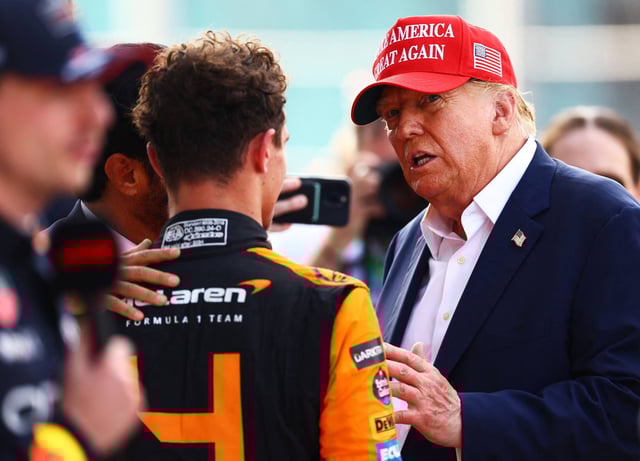Donald Trump talks to Lando Norris before the start of the Miami Grand Prix. Photo: Getty Images