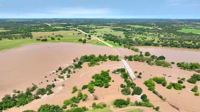 An aerial view of a flooded area, in Brooks Crossing, Texas, U.S., May 5, 2024, in this still image obtained from a handout video.