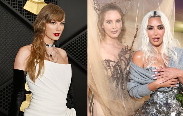 Taylor Swift attends the 66th GRAMMY Awards at Crypto.com Arena on February 04, 2024 and Lana Del Rey and and Kim Kardashian attend The 2024 Met Gala Celebrating 'Sleeping Beauties: Reawakening Fashion' at The Metropolitan Museum of Art on May 6, 2024. CREDIT: Lester Cohen and Kevin Mazur/Getty Images