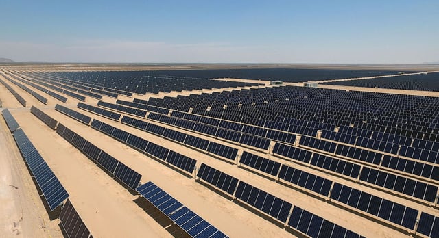 Aerial picture of the Villanueva photovoltaic (PV) power plant operated by Italian company Enel Green Power in the desert near Villanueva, a town located in the municipality of Viesca, Coahuila State, Mexico, taken on April 20, 2018. - The plant covers an area the size of 40 football fields making it the largest solar plant in the Americas. (Photo by Alfredo ESTRELLA / AFP) (Photo by ALFREDO ESTRELLA/AFP via Getty Images)