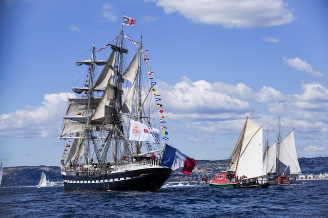 Belem, the three-masted sailing ship which is carrying the Olympic flame, sails ahead of a welcoming ceremony in Marseille, southern France, on May 8, 2024.
