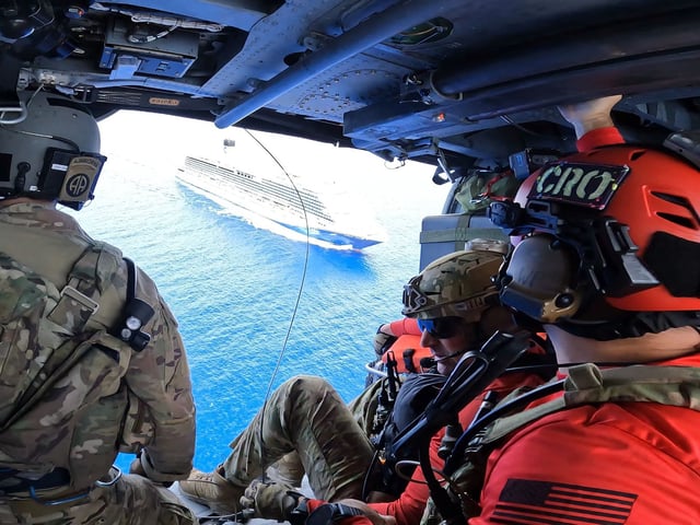 The 920th Rescue Wing successfully conducted a civilian medical airlift operation of a critical patient aboard a cruise ship 350 miles off the eastern coast of U.S. May 4, 2024. The mission, carried out by two HH-60G Pave Hawk helicopters, two HC-130J Combat King II aircraft and two teams of pararescuemen required three air-to-air refuelings to complete. The more than 8-hour mission covered more than 1,200 miles round trip over open ocean. (Courtesy photo)