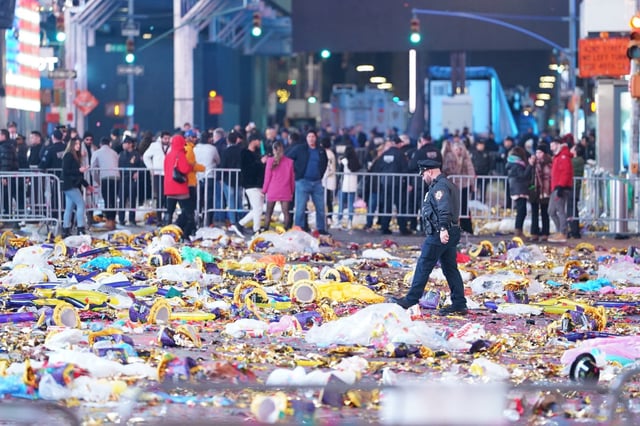 A police officer walks through garbage left behind by revealers at Times Square after the New Year celebrations on January 1, 2023 in New York City.