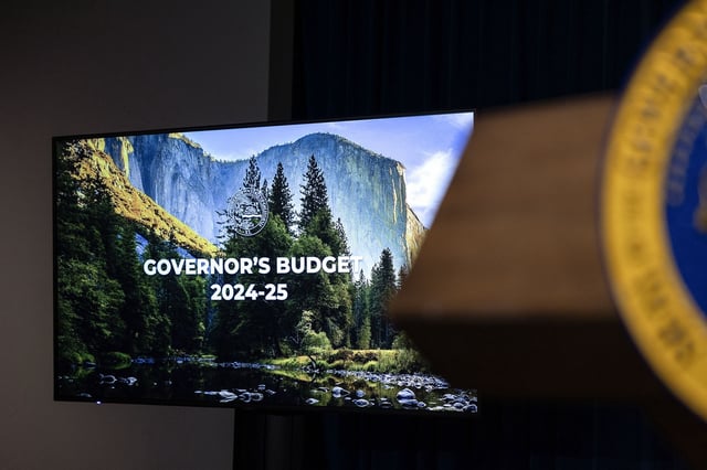 Gov. Gavin Newsom addressed the media to unveil his 2024-25 January budget proposal at the Secretary of State Auditorium in Sacramento on Jan. 10, 2024. Photo by Miguel Gutierrez Jr., CalMatters