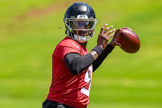 Atlanta Falcons quarterback Michael Penix Jr (9) passes the ball during Rookie Minicamp at the Falcons Training Camp.