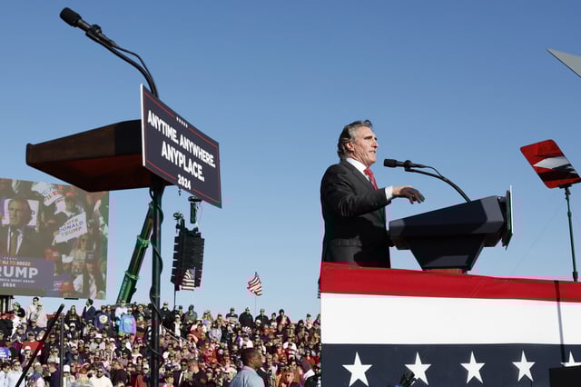 North Dakota Gov. Doug Burgum speaks during a campaign rally for Donald Trump in in Wildwood, N.J., on May 11, 2024.