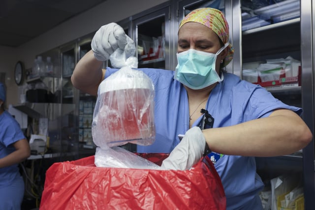 Melissa Mattola-Kiatos, RN, nursing practice specialist, removes the pig kidney from its box to prepare for transplantation at Massachusetts General Hospital, March 16, 2024, in Boston. Richard “Rick” Slayman, the first recipient of a genetically modified pig kidney transplant, has died nearly two months after he underwent the procedure, his family and the hospital that performed the surgery said Saturday, May 11. (Massachusetts General Hospital via AP, File)