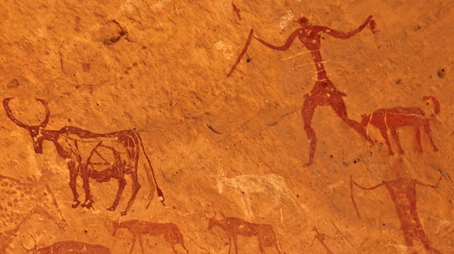 Rock art from Tadrart Acacus in Libya. This rocky massif is home to thousands of cave paintings in very different styles, dating from 12,000 BCE to 100 CE. They reflect marked changes in the fauna and flora, and also the different ways of life of the populations that succeeded one another in this region of the Sahara.