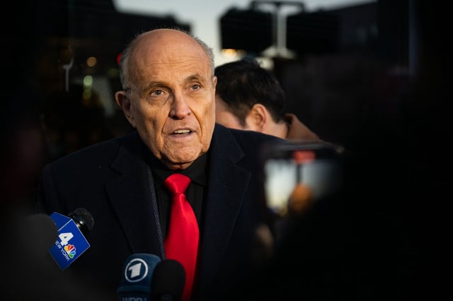 MANCHESTER, NEW HAMPSHIRE - JANUARY 21: Rudy Giuliani speaks to members of the media where Republican candidate Florida Gov. Ron DeSantis was scheduled to host a campaign event on January 21, 2024 in Manchester, New Hampshire. Gov. DeSantis has suspended his presidential campaign and is endorsing Republican candidate, former President Donald Trump. (Photo by Brandon Bell/Getty Images)