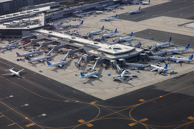 An aerial view of passenger planes at Newark Airport in Newark, New Jersey, on May 11, 2024.
