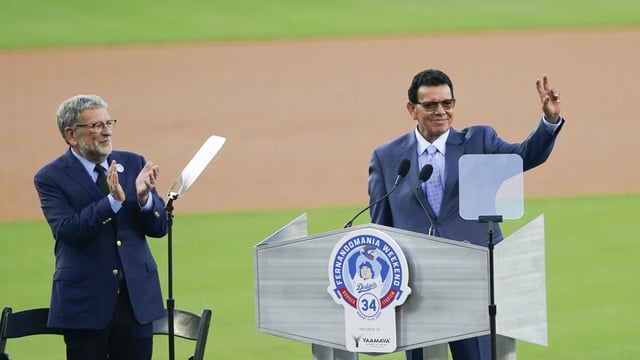 Former Los Angeles Dodgers pitcher Fernando Valenzuela greets the crowd during his jersey retirement ceremony before the baseball game between the Dodgers and the Colorado Rockies, Friday, Aug. 11, 2023, in Los Angeles. (AP Photo/Ryan Sun)