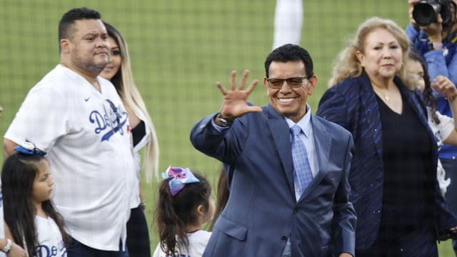 LOS ANGELES, CA - AUGUST 11: Sounded by family Fernando Valenzuela waves to the fans.