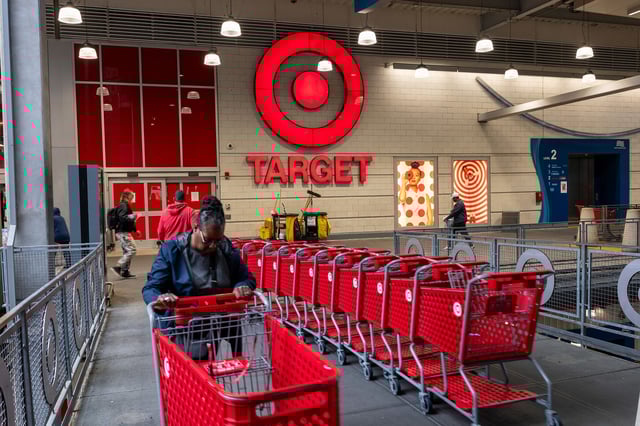 NEW YORK CITY - SEPTEMBER 28: People exit a Target store in the Harlem neighborhood in Manhattan on September 28, 2023 in New York City. Citing “theft and organized retail crime," the retail giant has said it will close its East Harlem location next month along with eight other stores across the country. Numerous retail chains have experienced a surge in mass theft in recent years, resulting in injury to staff and having to lock-up many products in their stores.  (Photo by Spencer Platt/Getty Images)