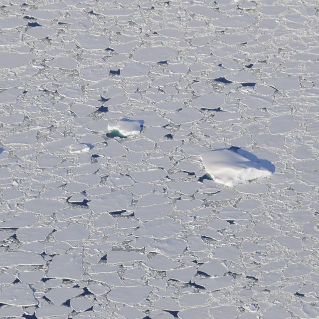 An aerial view shows Antarctic sea ice breaking apart. In 2023, there was over 2 million square kilometres less ice than usual.