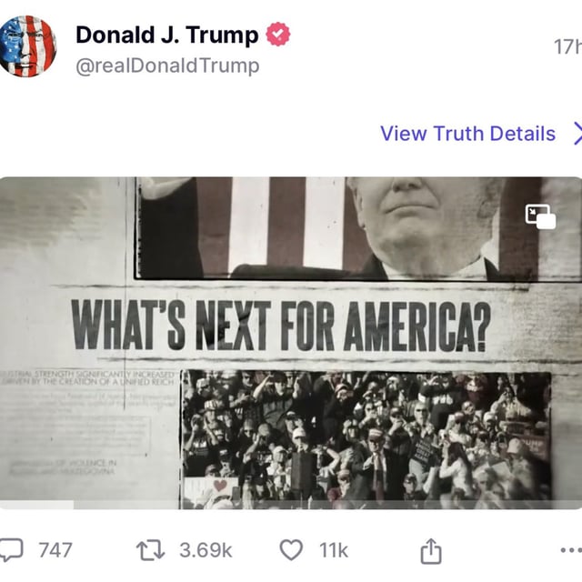 A screenshot of the Truth Social post, with the "unified Reich" phrase visible in the first line of text on the left.