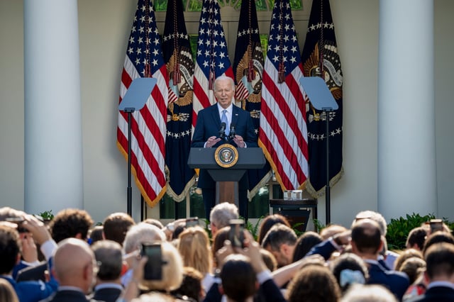 President Joe Biden delivers remarks at a Jewish American Heritage Month reception, Monday, May 20, 2024, in the White House Rose Garden.(Official White House Photo by Carlos Fyfe)