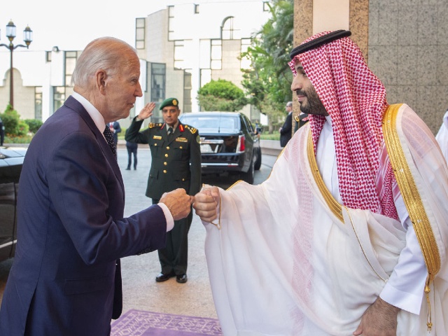 JEDDAH, SAUDI ARABIA - JULY 15: (----EDITORIAL USE ONLY â MANDATORY CREDIT - "ROYAL COURT OF SAUDI ARABIA / HANDOUT" - NO MARKETING NO ADVERTISING CAMPAIGNS - DISTRIBUTED AS A SERVICE TO CLIENTS----) US President Joe Biden (L) being welcomed by Saudi Arabian Crown Prince Mohammed bin Salman (R) at Alsalam Royal Palace in Jeddah, Saudi Arabia on July 15, 2022. (Photo by Royal Court of Saudi Arabia / Handout/Anadolu Agency via Getty Images)
