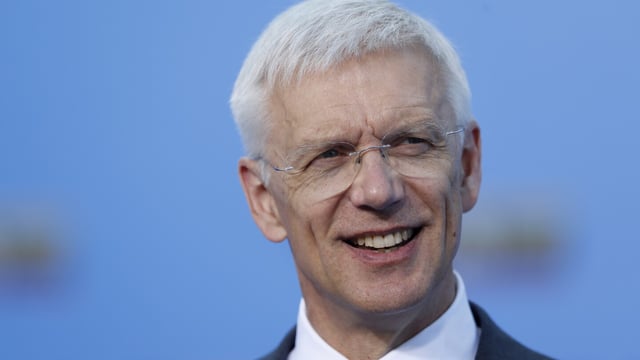 FILE - Latvia's Prime Minister Krisjanis Karins speaks with the media as he arrives for a NATO summit in Vilnius, Lithuania, on July 12, 2023. Latvia’s center-right prime minister, Krisjanis Karins said Monday, Aug. 14, 2023, he will step down later this week. He will try to form a new government coalition but will, reportedly, not be its leader. (AP Photo/Mindaugas Kulbis)