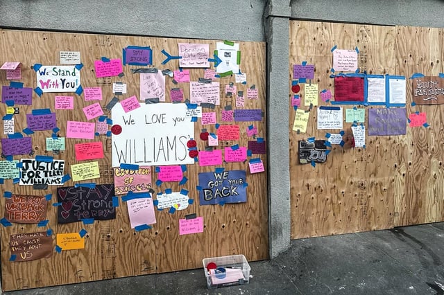 Neighbors post supportive notes on the boarded up exterior Terry Williams’ home in San Francisco on May 22, 2024.
