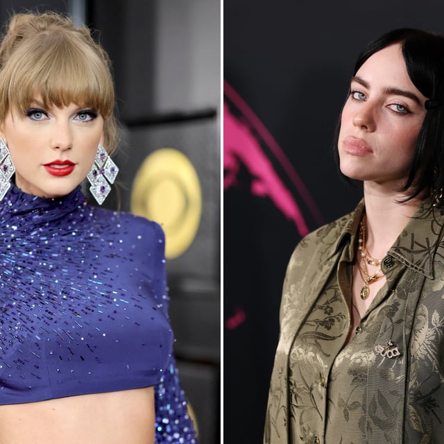 Left: Taylor Swift, 2023. Right: Billie Eilish, 2024. Swifties accused Eilish of shading the singer over the length of her Eras tour shows.