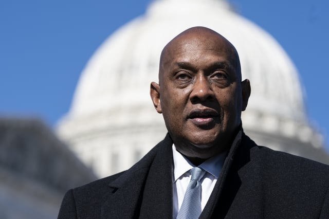 Rep. Dwight Evans, D-Pa., speaks with reporters about the Violent Incident Clearance and Technological Investigative Methods (VICTIM) Act, on Capitol Hill, Wednesday, Feb. 9, 2022, in Washington. Evans of Philadelphia said Thursday, May 23, 2024 that he is in a rehabilitation facility recovering from a minor stroke, and plans to return to voting in Washington in about six weeks.(AP Photo/Alex Brandon, File)
