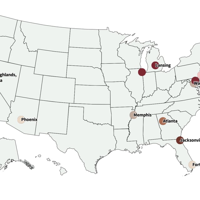 The locations of shootings that took place in at least 12 U.S. cities on Memorial Day are pictured in this map that Newsweek created with flourish.studio on May 27, 2024.
