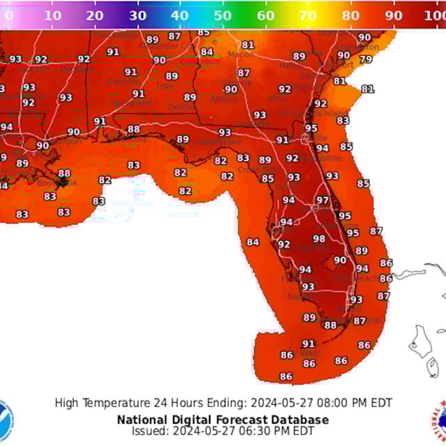 This map from the National Weather Service shows the National Digital Forecast Database for the state of Florida for Monday, May 27.