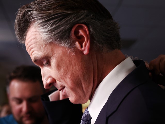 California Gov. Gavin Newsom prepares for an interview in the spin room following the FOX Business Republican Primary Debate at the Ronald Reagan Presidential Library on September 27, 2023 in Simi Valley, California. Seven presidential hopefuls squared off in the second Republican primary debate as former U.S. President Donald Trump, currently facing indictments in four locations, declined again to participate. (Mario Tama/Getty)