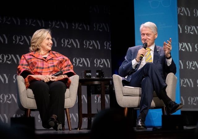 President Bill Clinton, right, speaking at the 92nd Street Y with Secretary Hillary Rodham Clinton on Thursday, May 4, 2023, in New York. (Photo by Evan Agostini/Invision/AP)