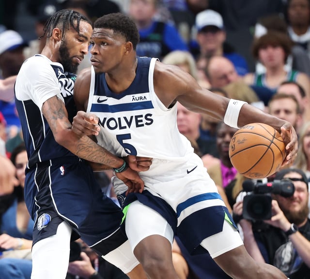 Anthony Edwards dribbles against the Dallas Mavericks' Derrick Jones Jr. during Game 4.