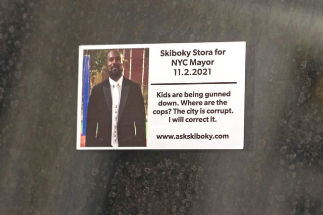 A campaign sticker for Skiboky Stora, in New York City, on Oct. 23, 2021.