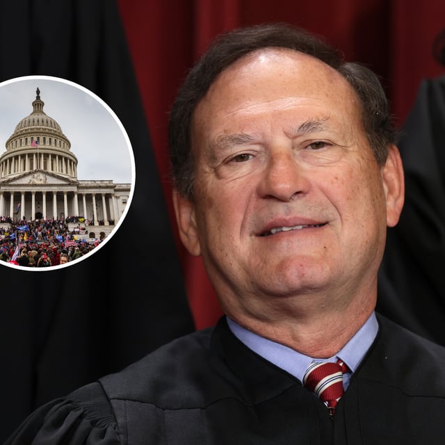 A large group of pro-Trump protesters stand on the East steps of the Capitol Building after storming its grounds on January 6, 2021 in Washington, DC. A pro-Trump mob stormed the Capitol, breaking windows and clashing with police officers. United States Supreme Court Associate Justice Samuel Alito poses for an official portrait at the East Conference Room of the Supreme Court building on October 7, 2022 in Washington, DC.