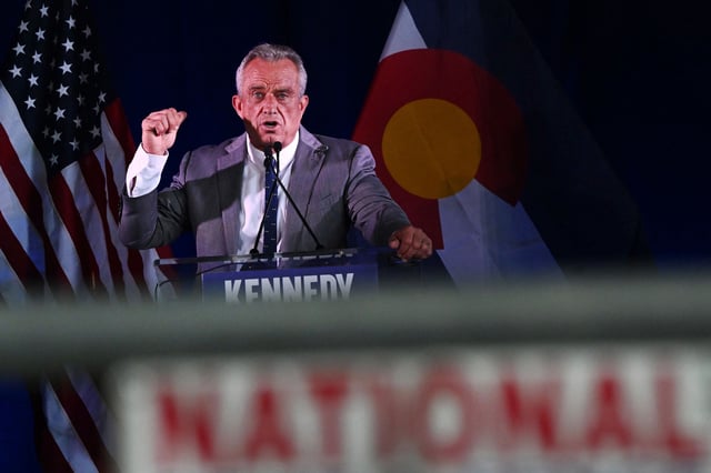 Independent presidential candidate Robert F. Kennedy Jr. speaks during a voter rally at The Hangar at Stanley Marketplace in Aurora, Colorado, on May 19, 2024.