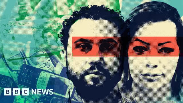 Composite image showing mugshots of Galina Nikolova and Gyunesh Ali on a backdrop of banknotes and mobile phones