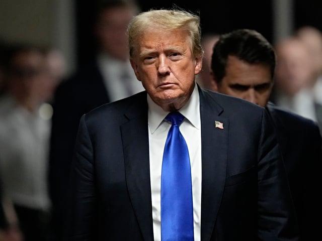 Former President Donald Trump walks to make comments to members of the media after a jury convicted him of felony crimes for falsifying business records in a scheme to illegally influence the 2016 election, at Manhattan Criminal Court, Thursday, May 30, 2024, in New York. (AP Photo/Seth Wenig, Pool)