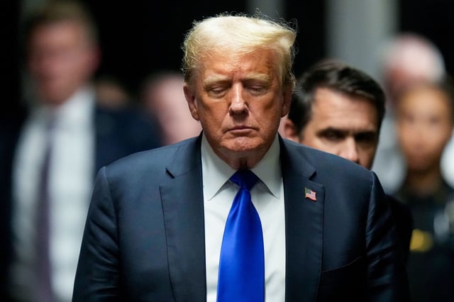 Former President Donald Trump leaves Manhattan Criminal Court after being found guilty in his hush money trial on May 30 in New York City.