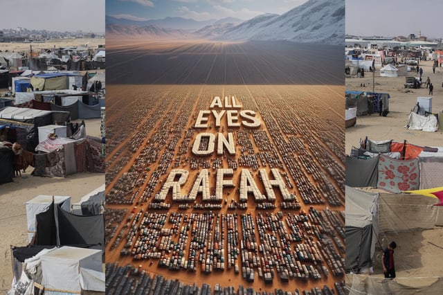 The "All Eyes on Rafah" AI graphic that has gone viral on Instagram is superimposed on a real-life scene as Palestinians packed up their tents in Rafah following an Israeli bombing there, May 28, 2024. (Jehad Alshrafi/Anadolu via Getty Images)