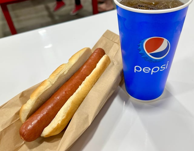 Pictured is a hot dog and drink combo at Costco.