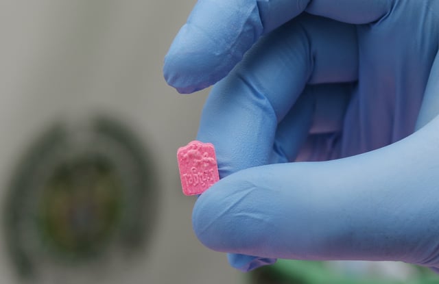A police officer holds a single MDMA tablet, also known as ecstasy, during a media presentation at the El Dorado Airport, in Bogota, Colombia, Thursday, June 22, 2017. Police presented the results of a major drug bust Thursday involving a large quantity of the synthetic drug that was imported from Europe inside beer cans. (AP Photo/Fernando Vergara)