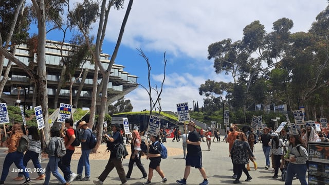 Day one of rolling strike by unionized academic workers at UC San Diego. Photo via @DSA_SanDiego X